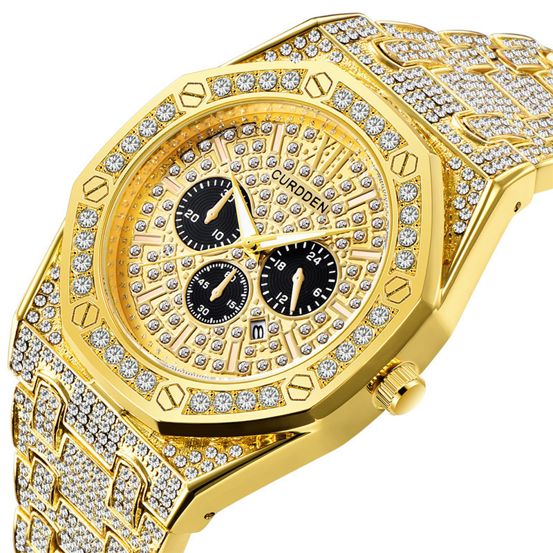 Men's Hip Hop Watch With Diamond Accents - Stylish Quartz Watch With Calendar Function, 41mm Round Dial, Alloy Band, Gold & Silver Options_voghion.com