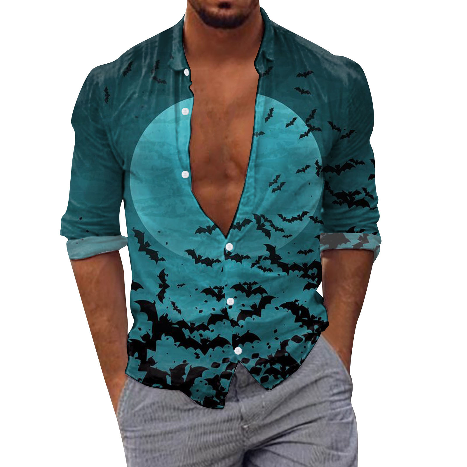 Maglietta da spiaggia ampia con stampa floreale in 3D, a maniche lunghe, da uomo, taglia USA, Halloween_voghion.com
