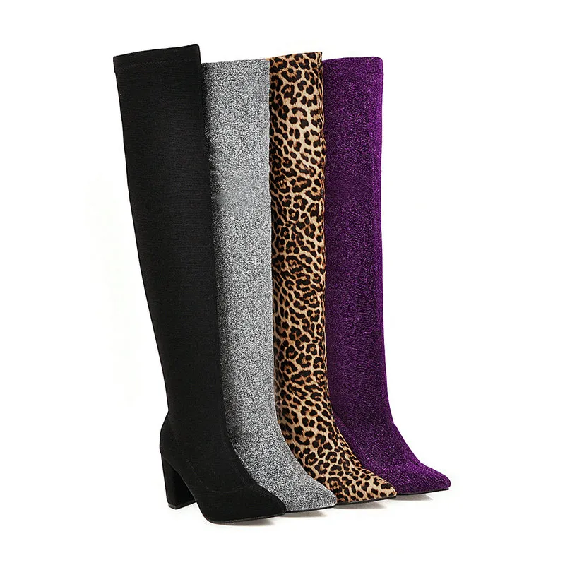 Bg luipaard Sokken Dames Overknee Laarzen Plus Size Hoge Hakken Schoenen Dames Herfst Winter Warm Lang_voghion.com