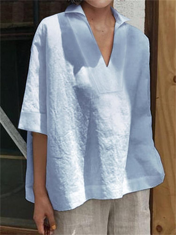 Women's V-neck cotton and linen all-match solid color large size loose mid-sleeve women's shirt_voghion.com