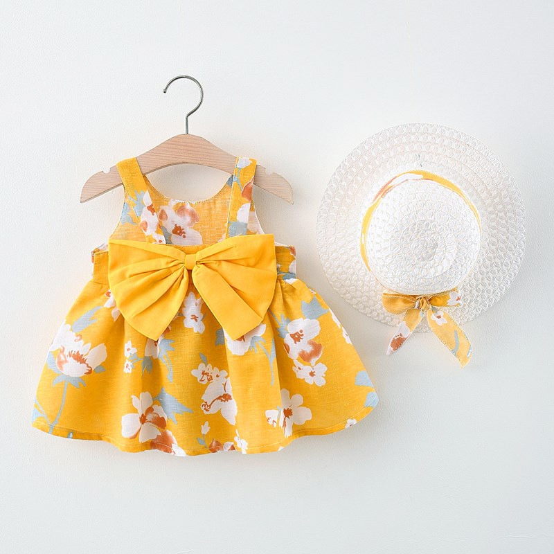 Baby Girl Dress Summer Flower Printed Cotton Sling Dress Fashion Princess Dress Kids Clothes Send Hat_voghion.com