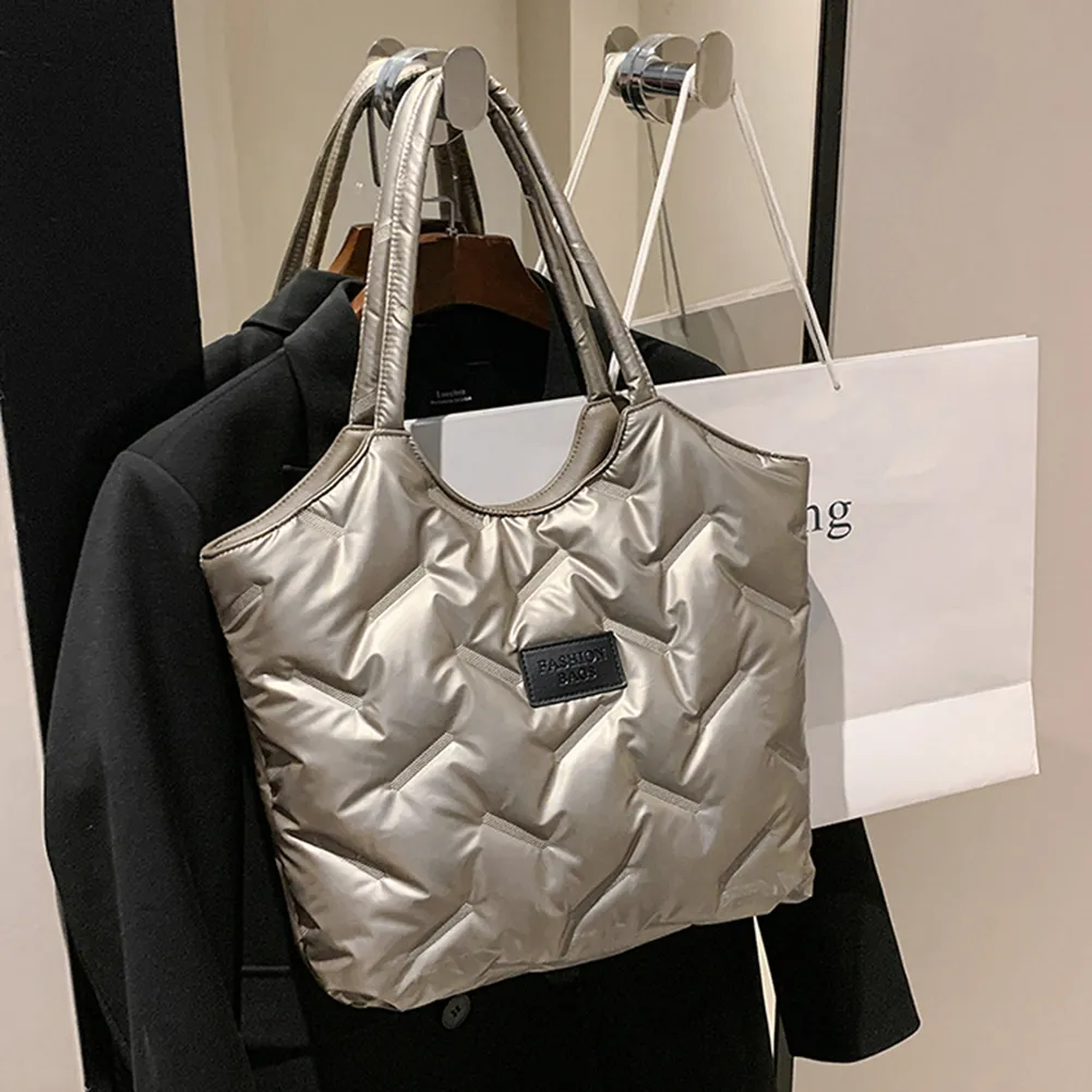 Borsa a mano imbottita in cotone da donna, trapuntata, grande capacità, invernale, casual, morbida e soffice._voghion.com