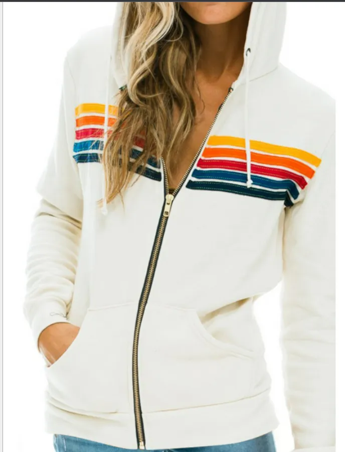 Langarm-Kapuzenpullover mit Regenbogenmuster für Damen. Hoodies & Sweatshirts. Modischer Kapuzenpullover für Damen. Übergroßer Langarm-Sweatshirtmantel mit Regenbogenstreifen und Reißverschlusstasche_voghion.com