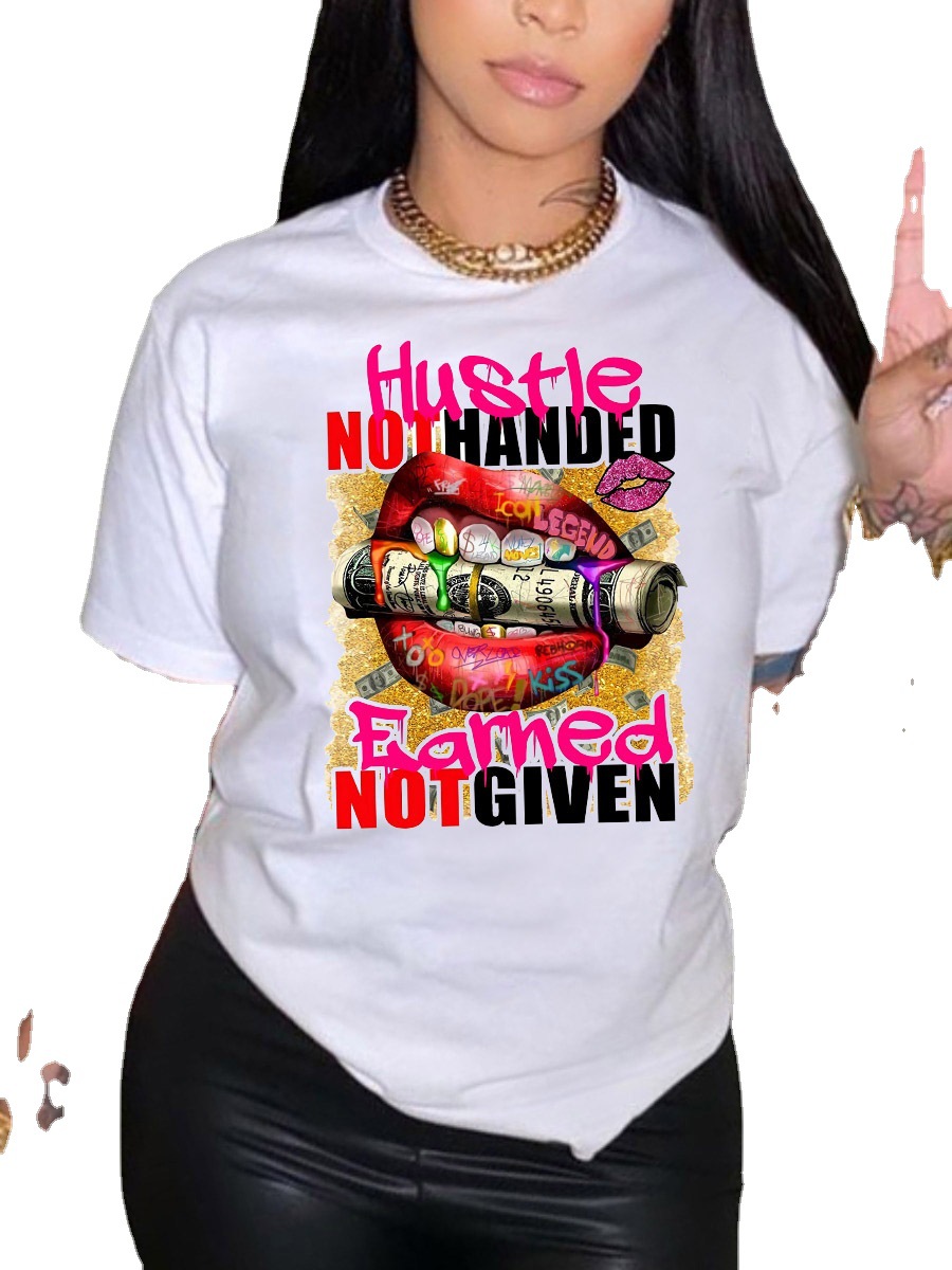 Damen Kurzarm Rundhals weißes Kurzarm T-Shirt Mode Lippen Dollar Druck_voghion.com