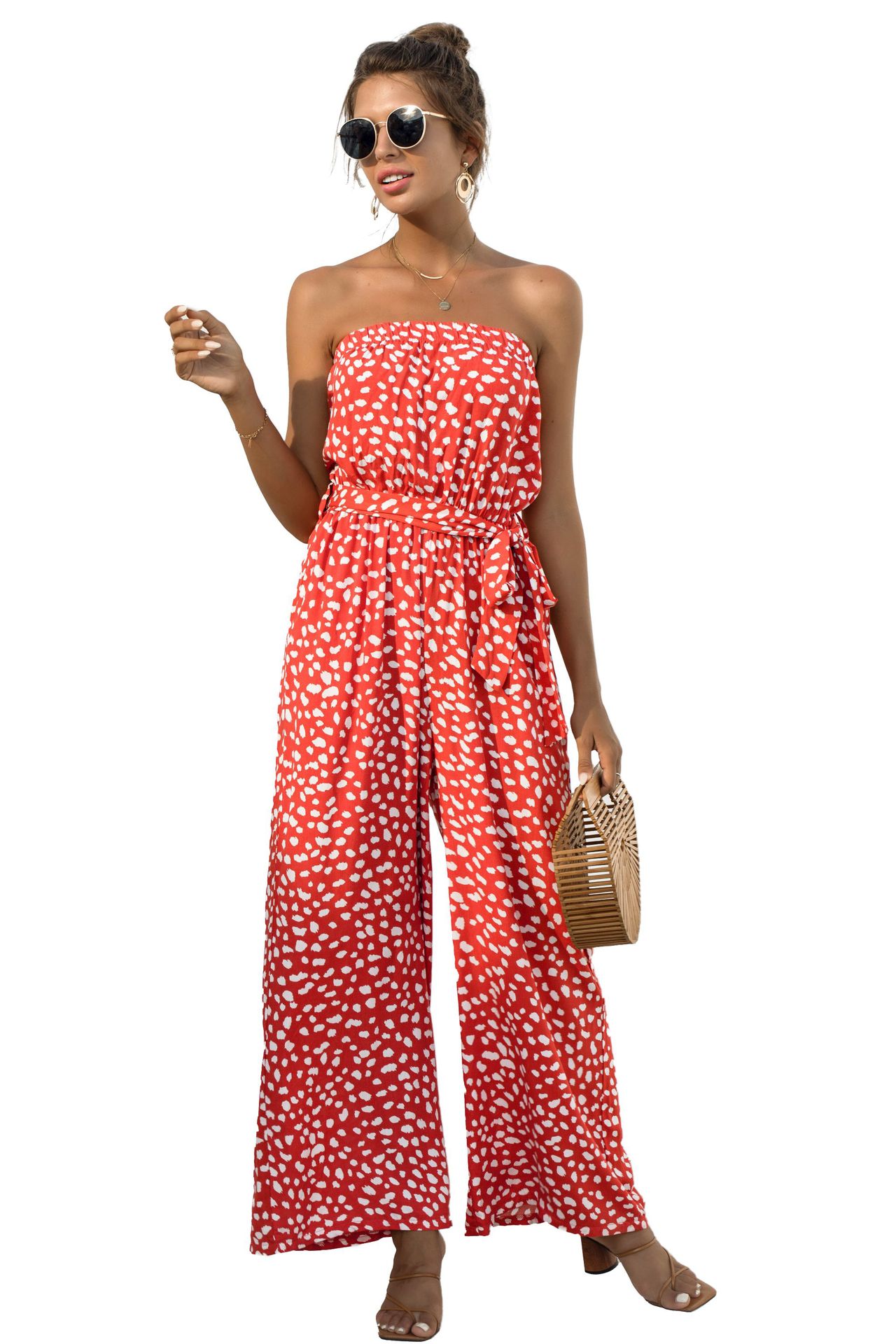 Nuevos productos de verano para mujer, nuevo mono de pierna ancha con cordones y estampado de lunares en forma de corazón y top de tubo sexy_voghion.com