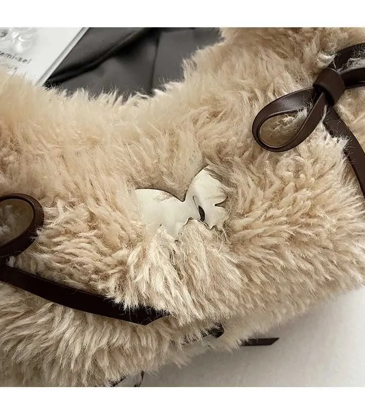 Sac à main en peluche douce pour femme, solide, moelleux, nœuds, appliques, épaule, femme, automne, hiver, mignon, sous les aisselles, paquets, poignée, dame_voghion.com