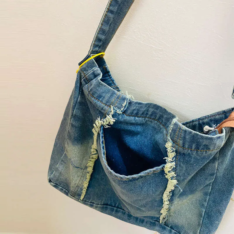 Sacs fourre-tout messager en denim vintage pour femmes, sacs à main et sacs à main de créateur 2023, nouveauté en bois, pompon perlé, grande bandoulière_voghion.com