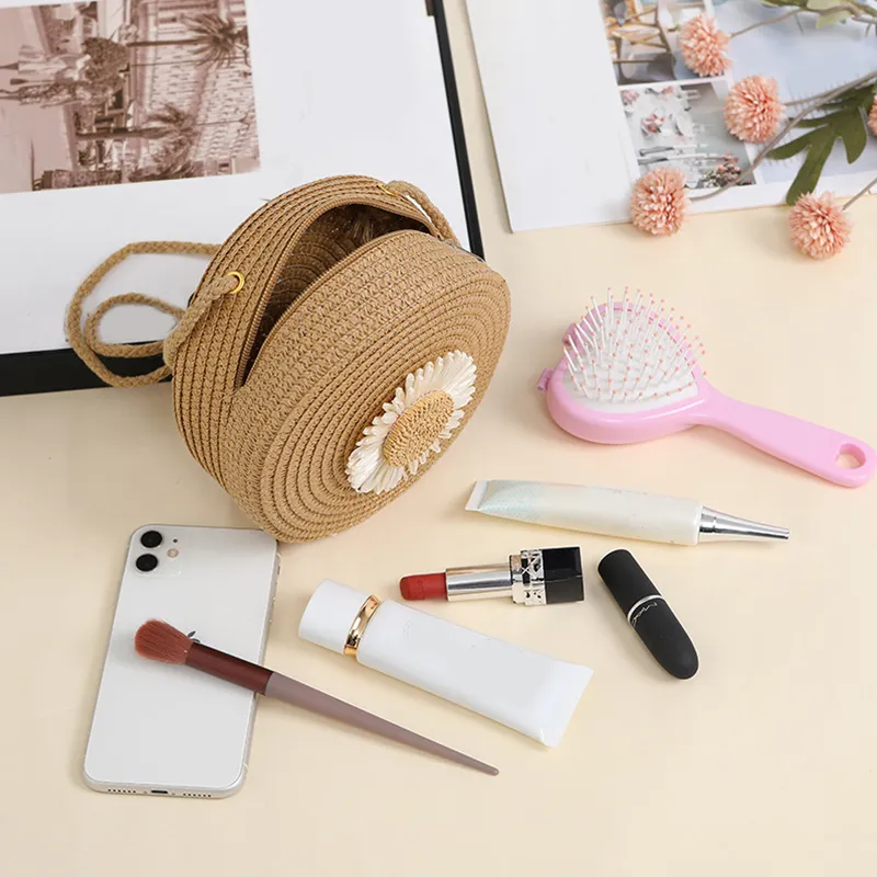 Borsa a tracolla da spiaggia intrecciata in paglia con fiori rotondi per donna, borsa a tracolla in rattan lavorata a mano e lavorata a maglia, colore caramella_voghion.com