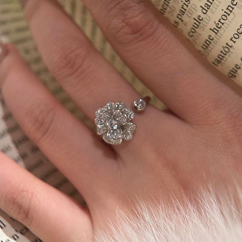 Chanel-style Three-dimensional Petal Camellia Zircon White Rose Women, Light Luxury Floral Open Ring With A High-end