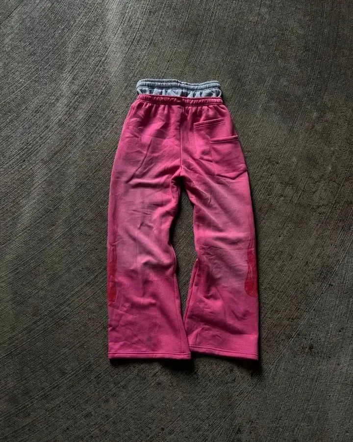 Vintage Red Double-layer Sports Y2K Mens Hip-hop Letter Patch Embroidered Loose Casual Elastic Waist Jogging Pants_voghion.com
