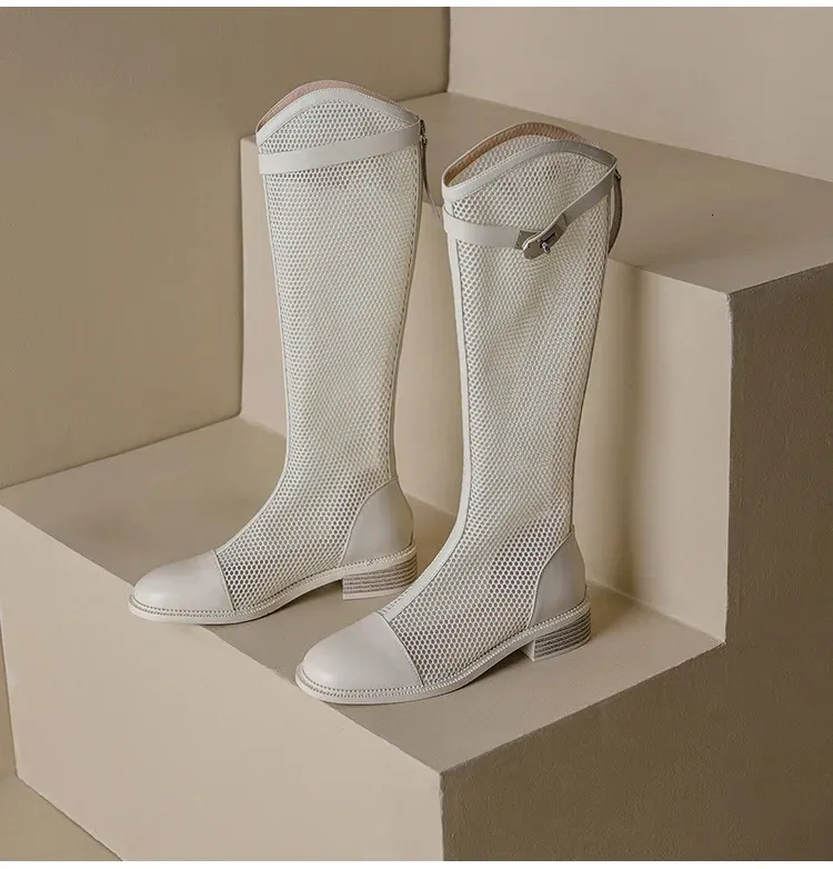 Breathable Leather Mesh Long Boots For Women Fashionable Sandals_voghion.com