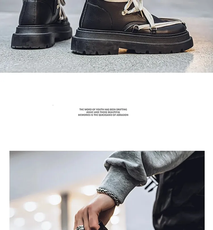 Bottines courtes en cuir à plateforme pour homme, chaussures de moto noires à la mode, style streetwear, 250114_voghion.com
