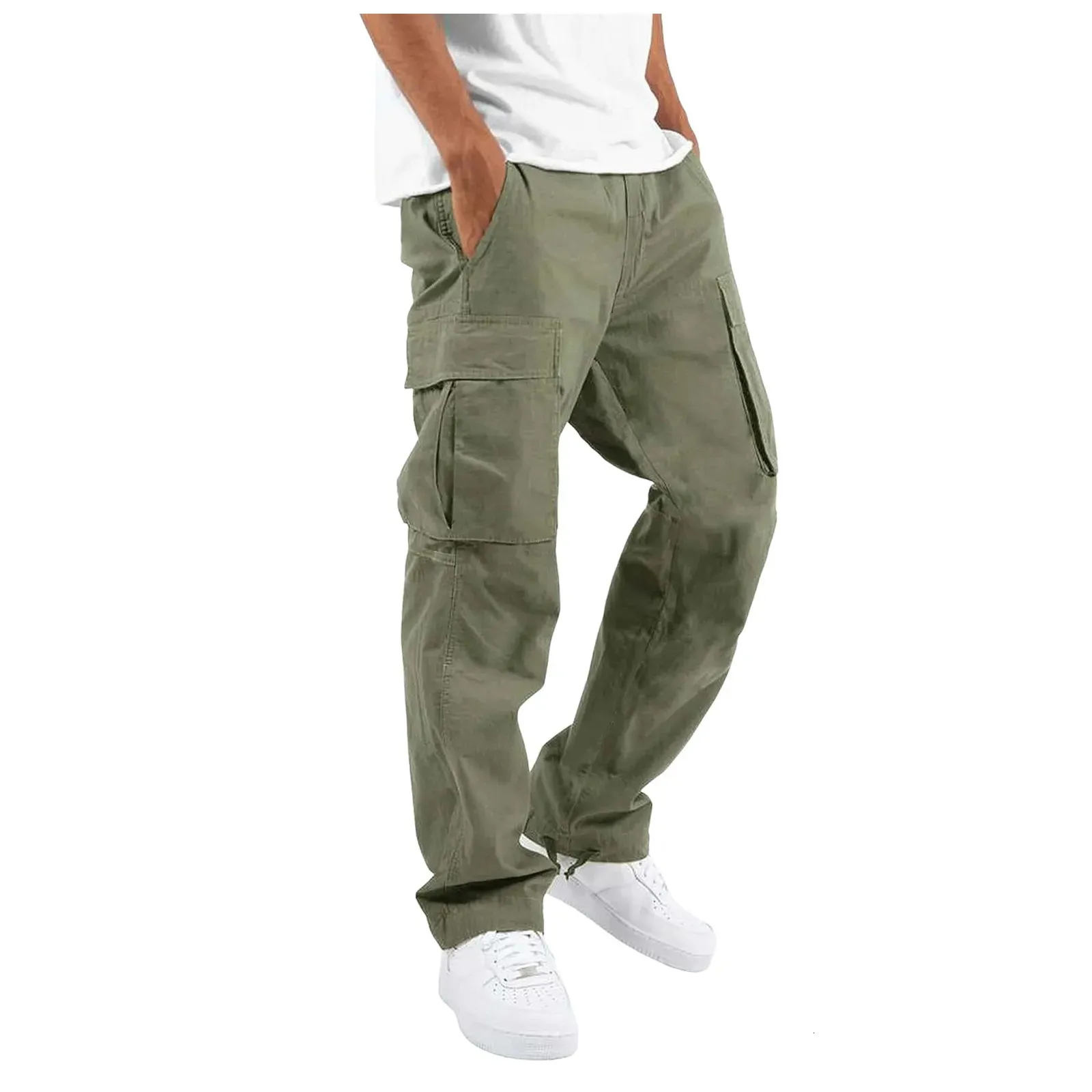 Pantalon cargo décontracté pour homme, coupe slim, couleur unie, poches, coupe droite, bas long, ample_voghion.com