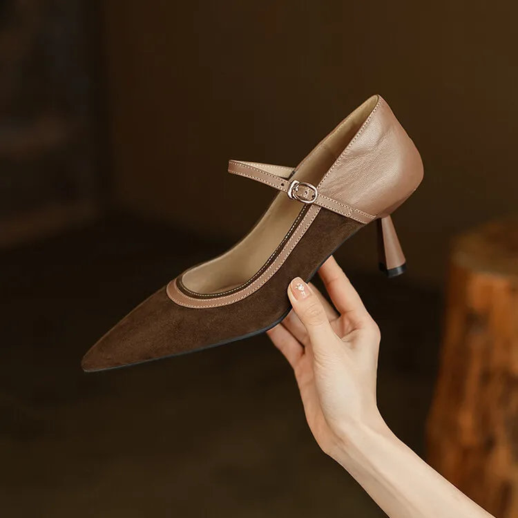 Primavera 2023 Scarpe con tacco a spillo, punta affilata, tacco sottile, in pelle scamosciata di pecora, da donna, con fibbia, fatte a mano, Bca9 S_voghion.com