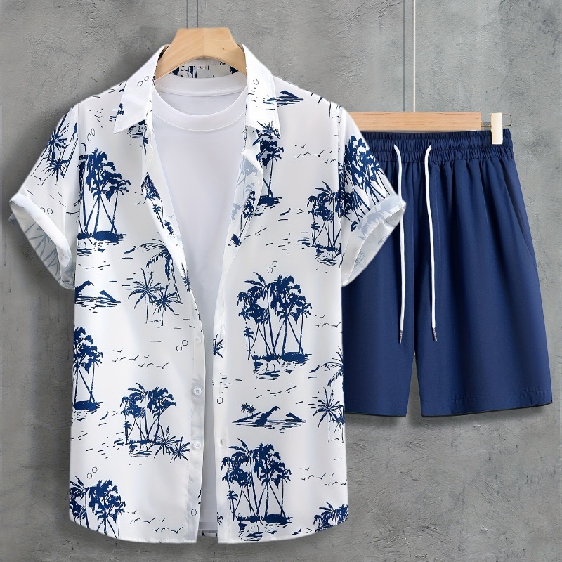 Europe and the United States 2024 summer new shirt shorts suit 3D printing leisure holiday men's cardigan two-piece set_voghion.com