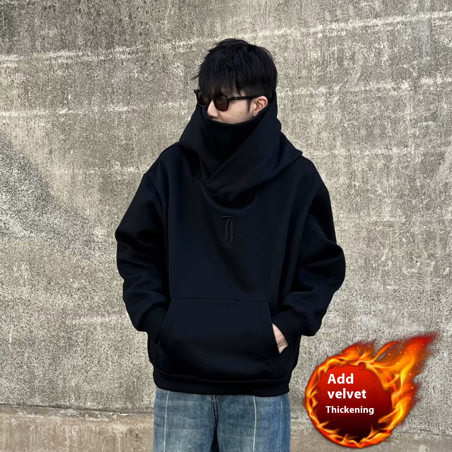 Felpa con cappuccio uomo finto due pezzi collo alto e zip lunga_voghion.com
