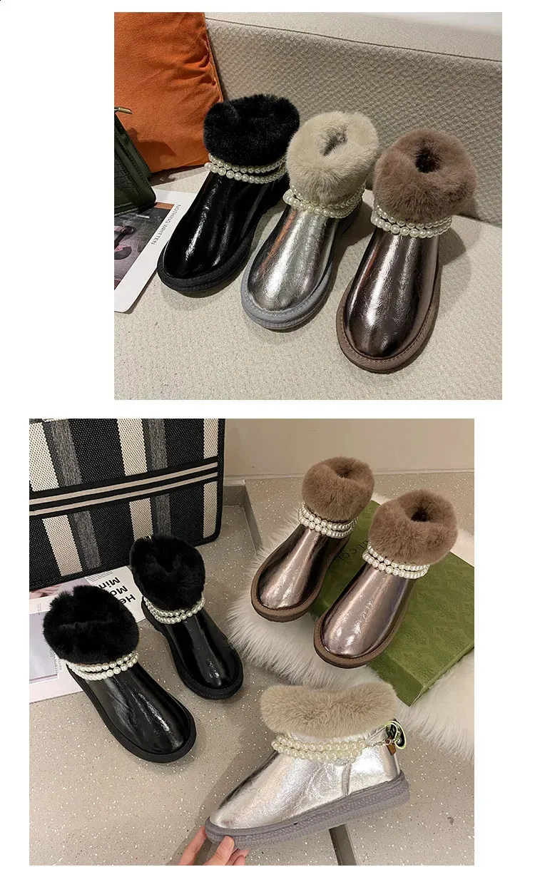 Bead Fur Snow Patent Leather Warm Wrinkle Student botte Womens Sliding Thick Bottom Wool Winter Boots Women 240904_voghion.com