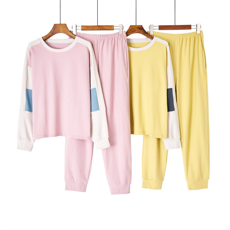 Pigiama da donna con scollo tondo, colore testa a contrasto, caldo e morbido set da indossare per la casa_voghion.com