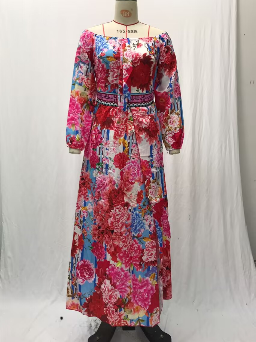 Dress Printed V-neck Retro Long Sleeve Swing Slit Long Dress_voghion.com