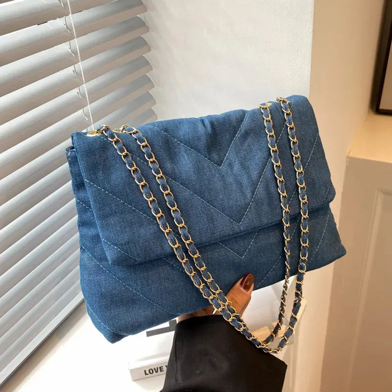 Lässige, einfarbige Canvas-Schultertasche, modische Umhängetasche mit Kette, geräumige Damenhandtasche 240816_voghion.com