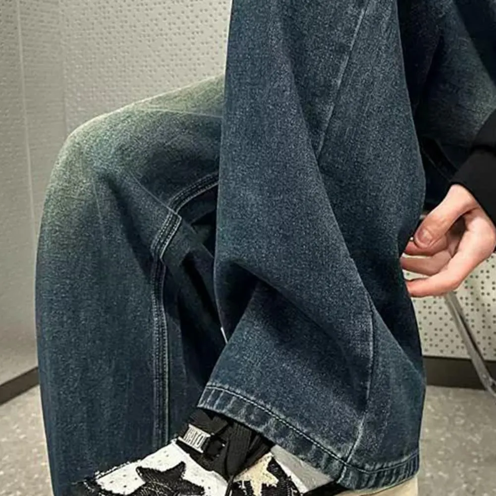 Men's Jeans Men Retro Washed Blue Hop Denim Trousers With Gradient Contrast Color Wide Leg Pockets High Street Style For_voghion.com