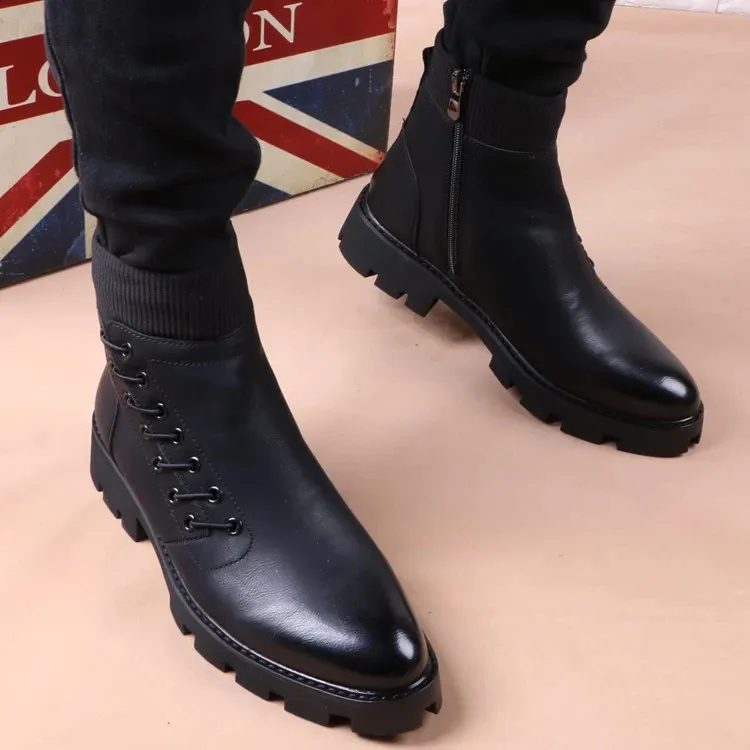 Italienische Casual Denim Naturleder Plateauschuhe schwarz Herbst Winter Stiefeletten kurze Botas Herren 241105_voghion.com