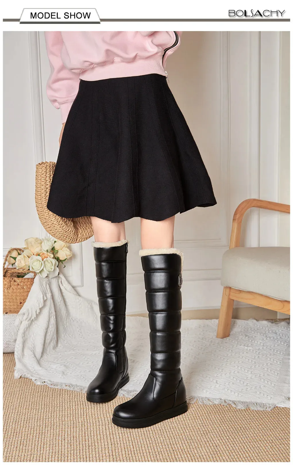 Stivali alti fino al ginocchio da donna con plateau, in peluche, modello MUJI, colore: rosa, bianco, caldi, invernali, taglia 34-43 240930_voghion.com