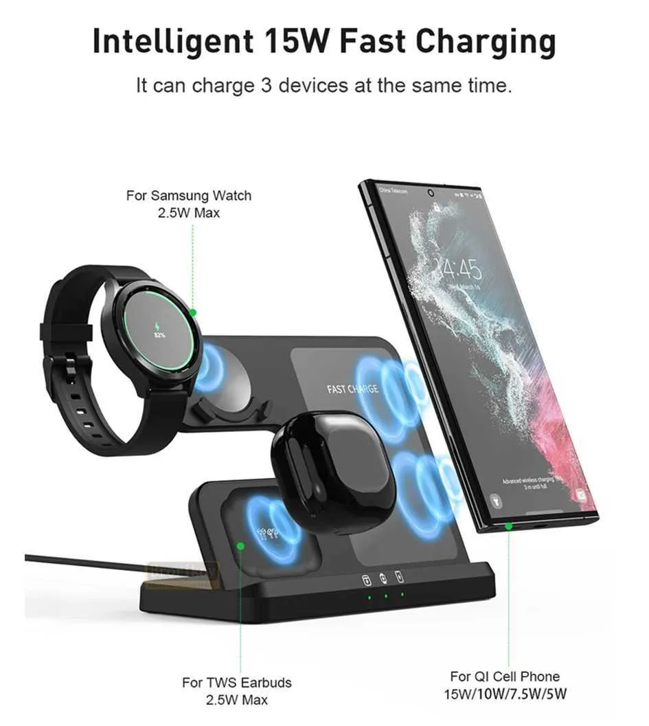 15W 3-in-1 Station Suitable For S23 S22 IPhone 15 14 13 Galaxy Watch 4 3 Earphones 2 Fast Wireless Charger Y241118_voghion.com