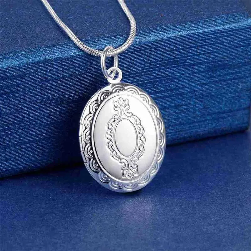 Pendant Necklace Locket Necklace Silver Color Photo Frame Chain_voghion.com