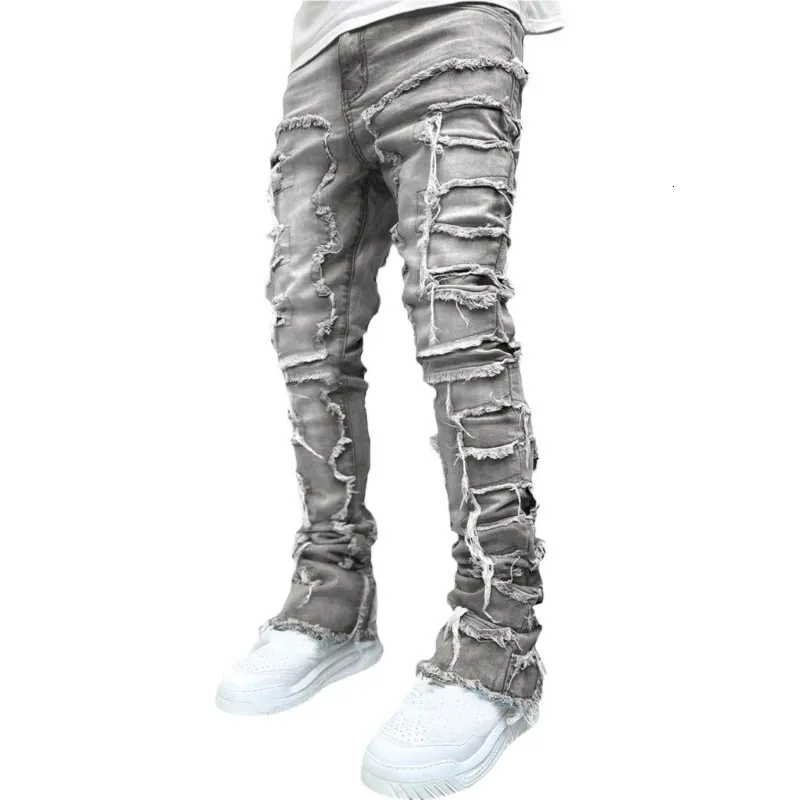 E15E Herren Stacked Jeans Fit Zerrissene Destroyed Gerade Jeanshose Vintage Hip Hop Hose Streetwear 240415_voghion.com