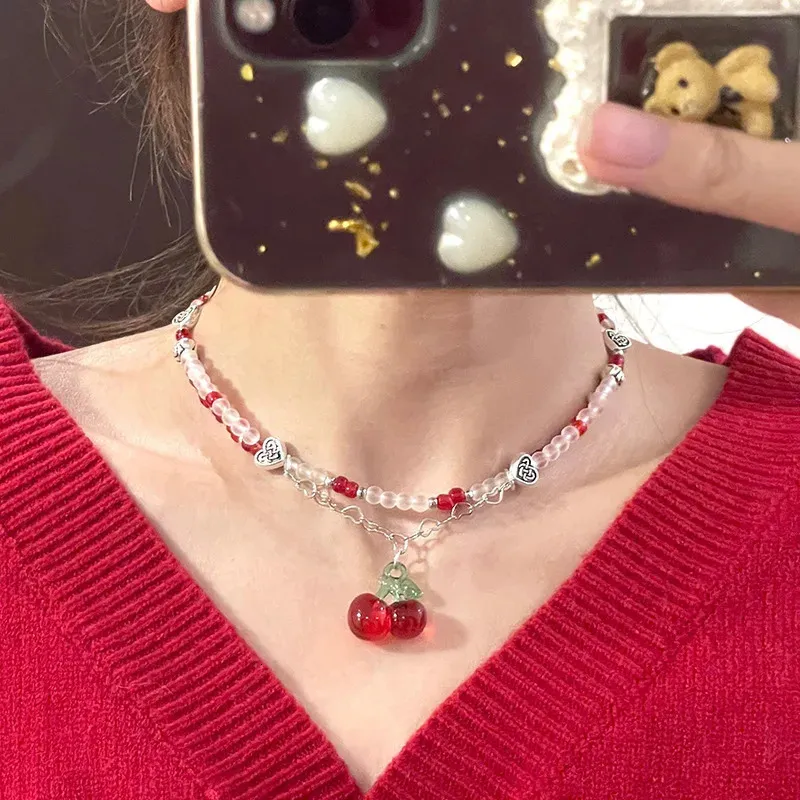 Collar con colgante de corazón y cereza mujer estilo y2k boho_voghion.com
