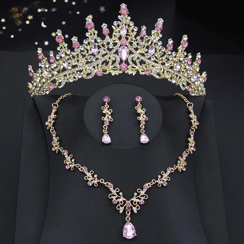 Princess Pink set Women Bridal Crown for Wedding Dress Necklace Dangle Earrings Sets Bride Tiaras Set Jewelry 240315_voghion.com
