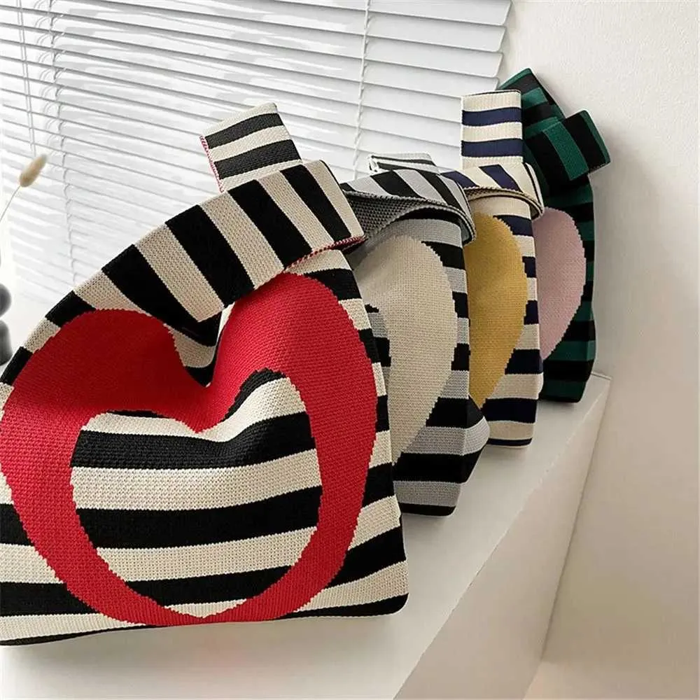 New Love Stribet Håndlavet Strikket Minimalistisk Koreansk Mini Knude Håndtaske Genanvendelig Indkøbstaske til Studerende Y241106_voghion.com