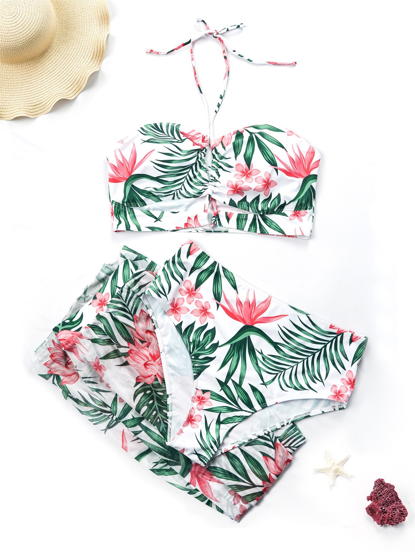 Women's Clothing Hot Girl Three Piece Print Gathered Sexy Bikini Swimsuit Female Suit_voghion.com