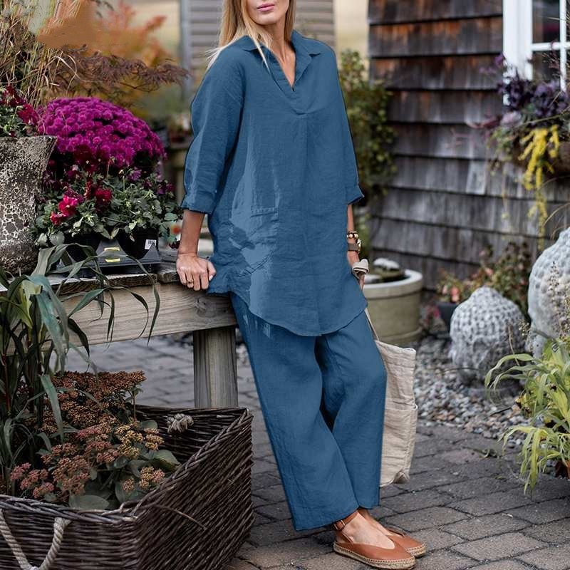 Women's shirt wide-leg pants solid color elegant casual retro suit_voghion.com