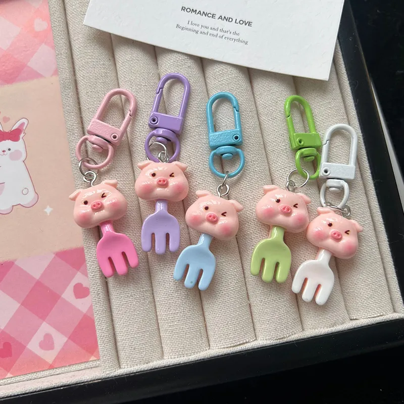 Kawaii Cartoon Piggy Fork Keychain Cute Animal Keyring Lovely Resin Key Holder School Pendant Bag Backpack Ornament_voghion.com