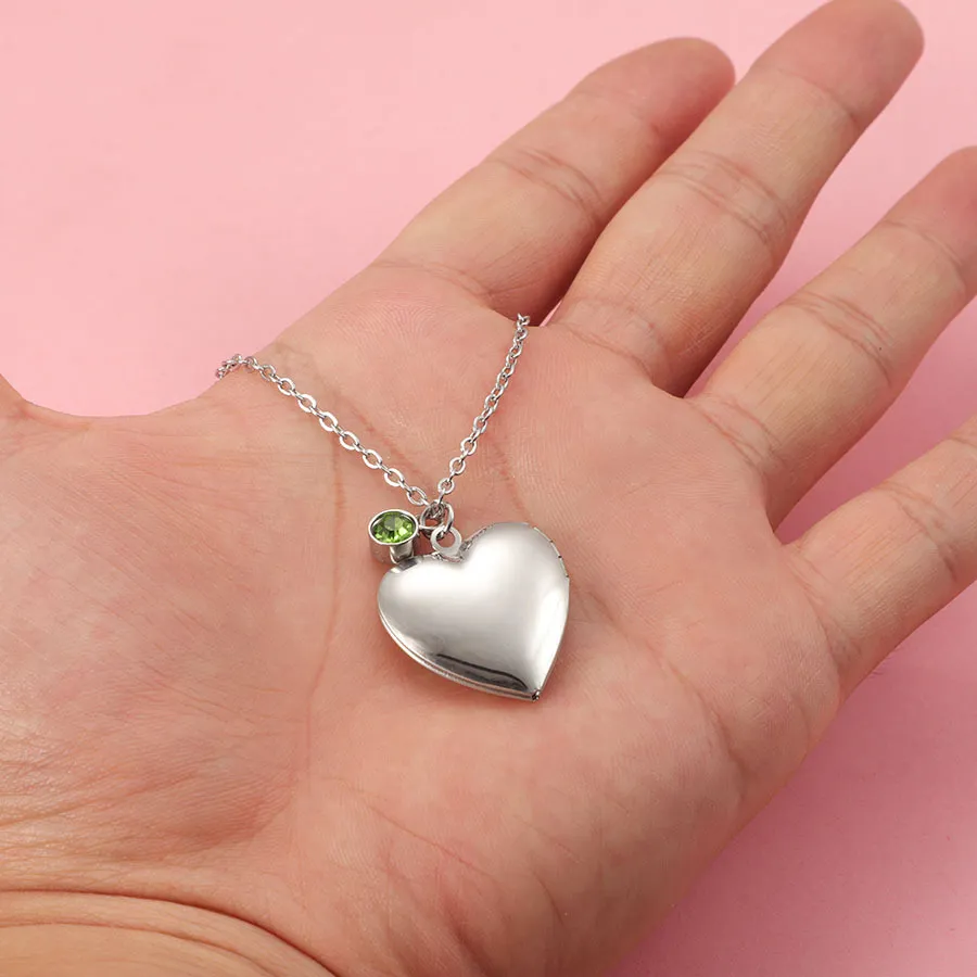 Heart Shape Memory Locket Necklace In Stainless Steel With Stone_voghion.com