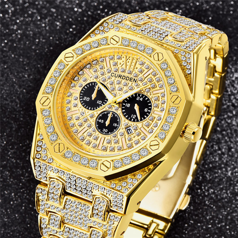 Men's Hip Hop Watch With Diamond Accents - Stylish Quartz Watch With Calendar Function, 41mm Round Dial, Alloy Band, Gold & Silver Options_voghion.com