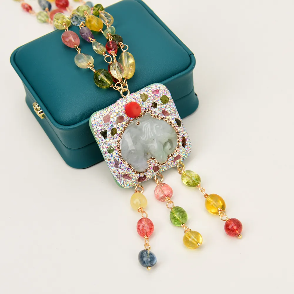 Pendant Necklaces GG Jewelry 2 Rows Mix Color Natural Crystal Smooth Net Stone Necklace Jadeite Carved Elephant_voghion.com