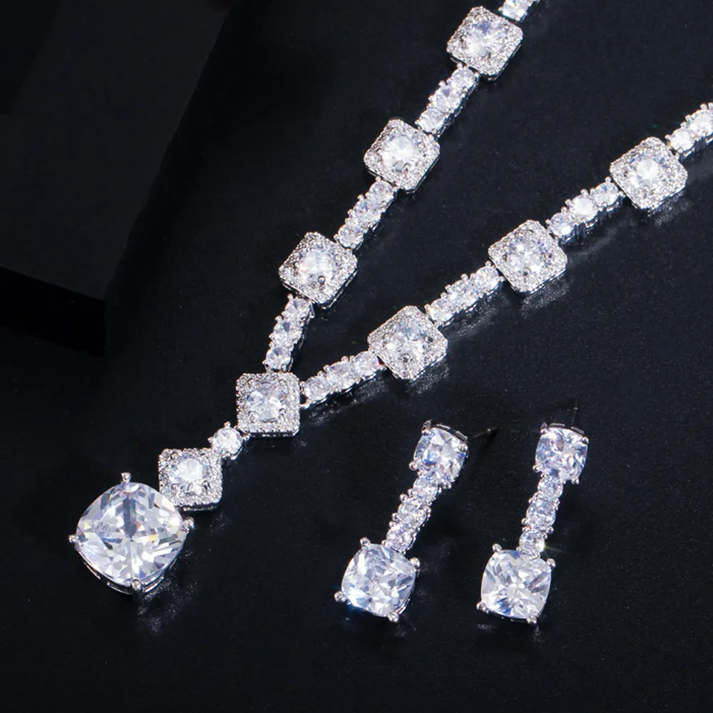 ThreeGraces Elegant Gul CZ Krystal Sier Farve Store Firkantede Dråbeøreringe Halskæde Bryllupsfest Smykkesæt til Kvinder_voghion.com