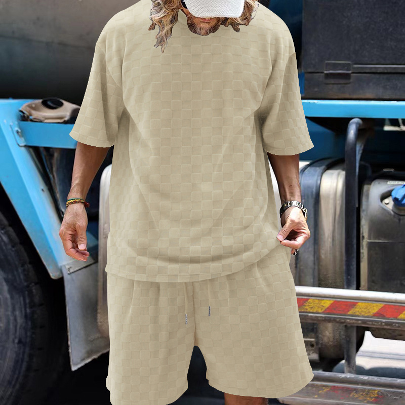 European And American Cross-border Oversize Trendy Men's Clothing Jacquard Checkerboard Spring And Summer Loose Sports And Leisure Two-piece Suit Men_voghion.com