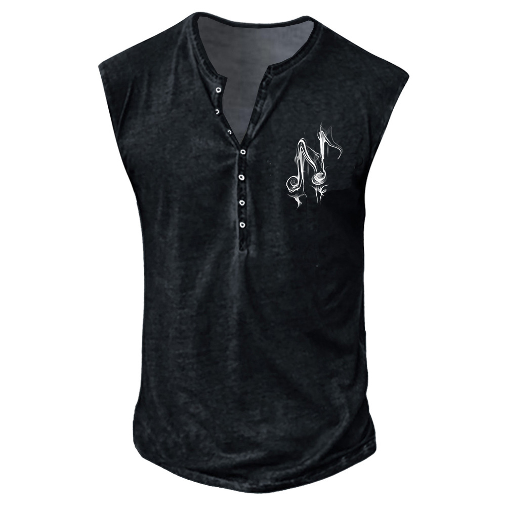 Music Character Youth Men's Printed Collarless Casual Tank Top Large Men's Vest_voghion.com