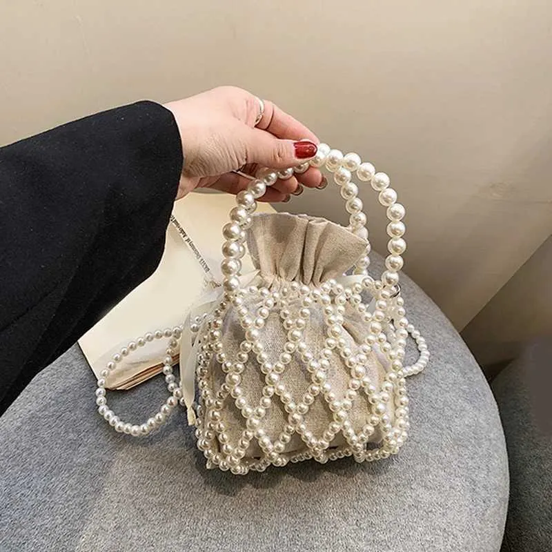 Borsa a tracolla in perle intrecciate a secchiello per donna, piccola borsa a mano con portafoglio, casual, con coulisse, portamonete da donna C241211_voghion.com