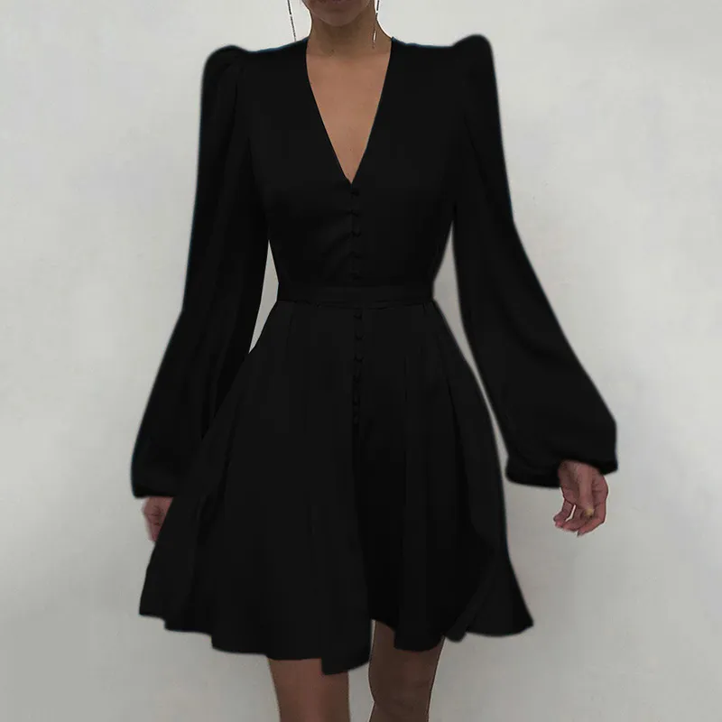 Casual Kleeder Elegant Lantern Ärmelen A-Linn Mini Kleed Büro Lad Print Lang Vestido Fraen Sex V Hals Héich Taille_voghion.com