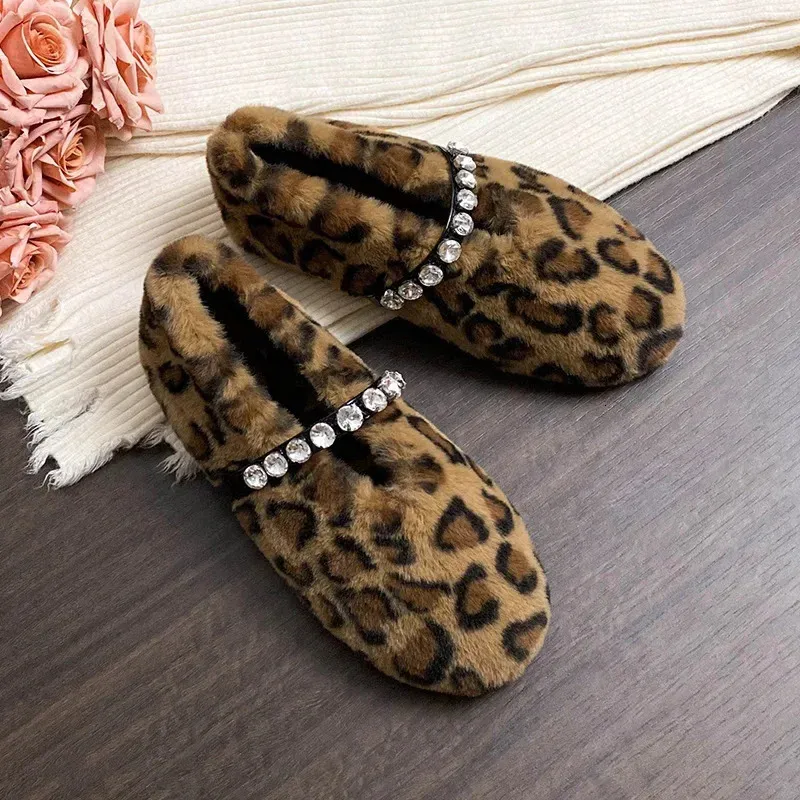 Fashion Leopard Fur Ballet Apartment Water Dia Buckle With Mary Jane Shoes Womens Winter Warm Plush Shallow Load 241122_voghion.com