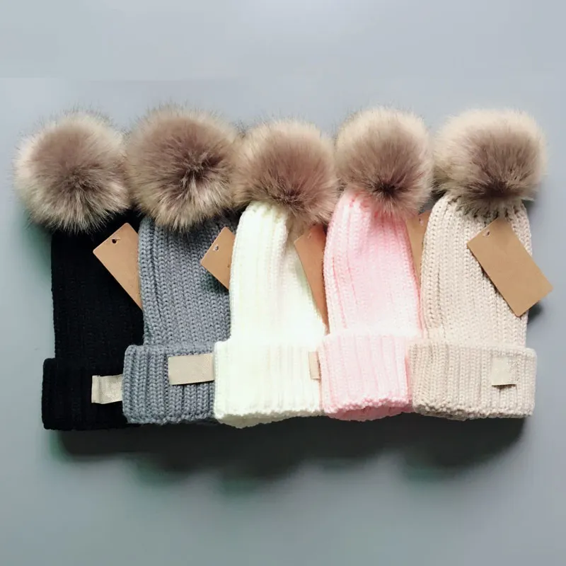 Fur Pom Poms Kid Hat Fashion Winter Hats For Kids Caps Baby Solid Color Designer Knitted Beanies Adult And Child Size_voghion.com