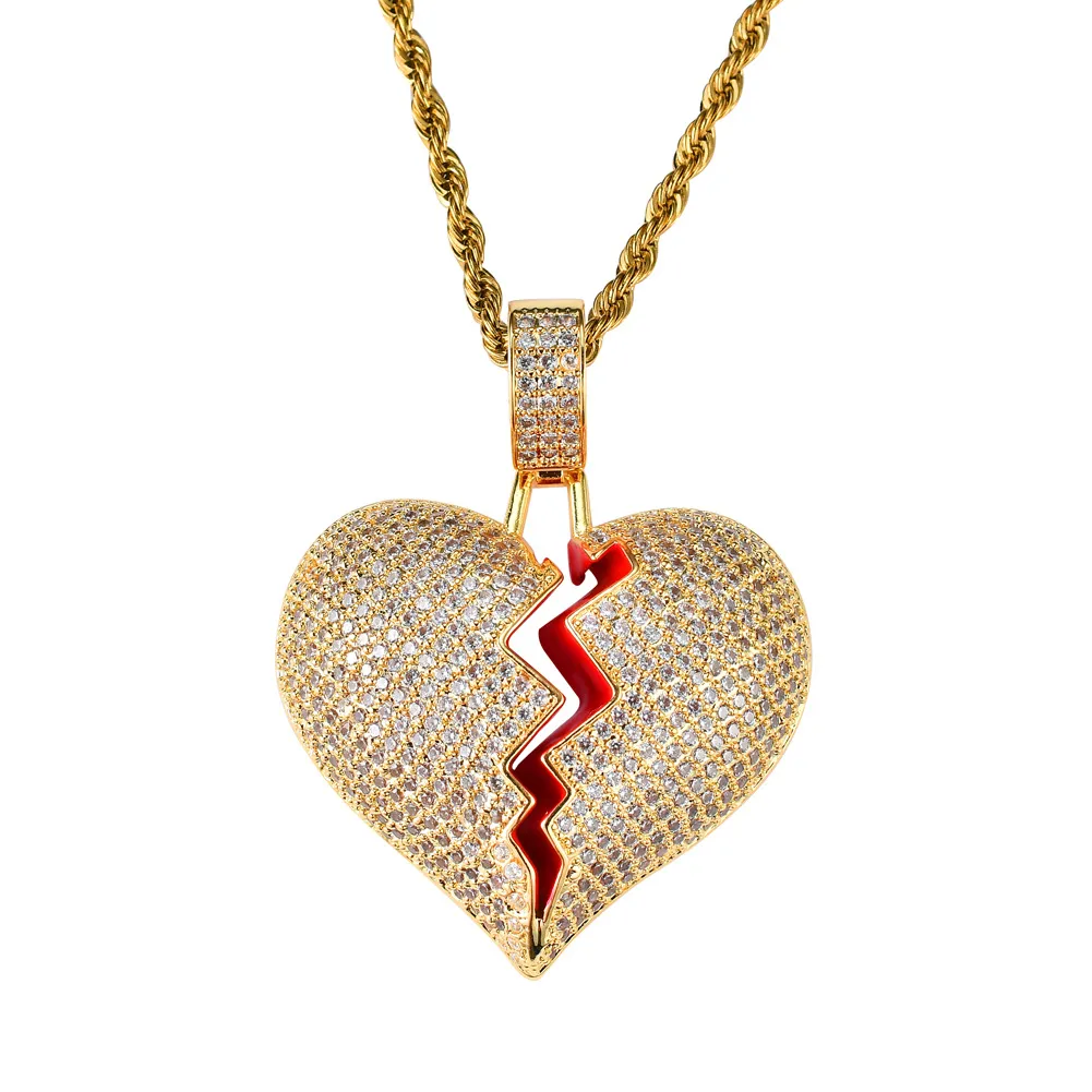 Pendant Necklaces Heart Broken Necklace Gold Sier Color Zirconia Stone Hip Hop Jewelry For Men Charm Gifts_voghion.com
