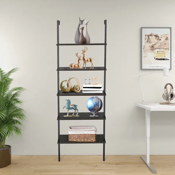 5-Shelf Wood Ladder Bookcase With Metal Frame Industrial 5-Tier Modern Ladder Shelf_voghion.com