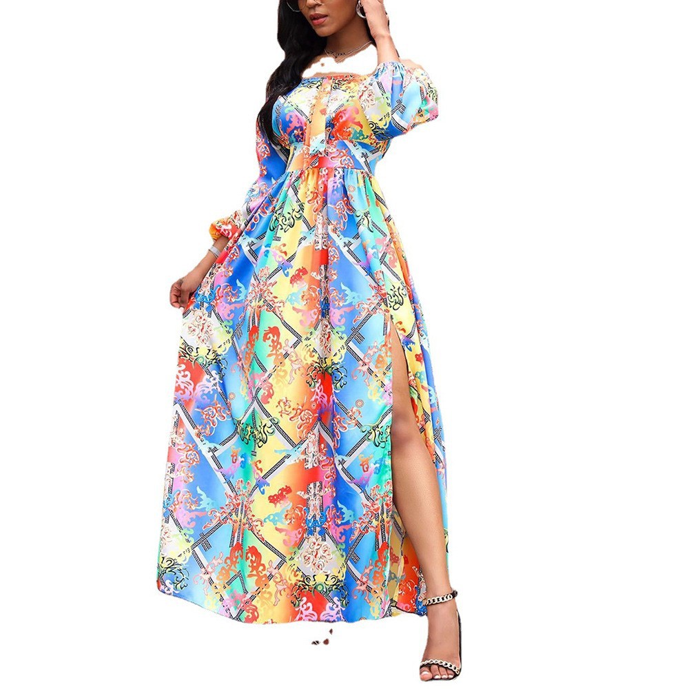 Dress Printed V-neck Retro Long Sleeve Swing Slit Long Dress_voghion.com