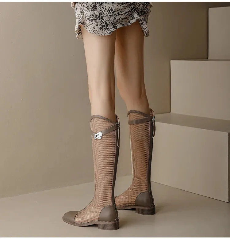 Breathable Leather Mesh Long Boots For Women Fashionable Sandals_voghion.com